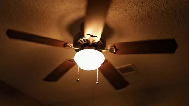 A ceiling fan with five blades is illuminated by a glowing light. The blades are in motion. The ceiling's texture is visible