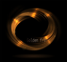 Isolated gold oval frame with bright glitter on black background.