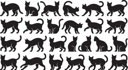 Silhouette Set of Black Cats in Various Poses – Vector Animal Icons Collection © HRIDOY