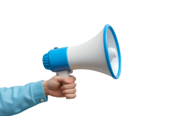 Hand holding a blue and white megaphone isolated on a black background for clear announcement or communication