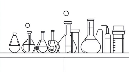 Line art of various scientific lab glassware on a shelf