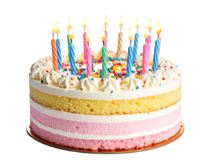Colorful birthday cake with lit candles.