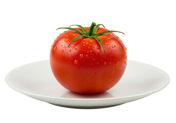 Isolated Fresh Tomato on White Plate with Water Droplets