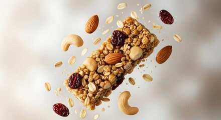 Floating granola bar with almonds, cashews, oats, and cranberries isolated on soft neutral background