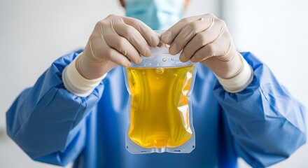 Medical worker in gloves and mask holding up a transparent bag of yellow plasma in a clinical setting