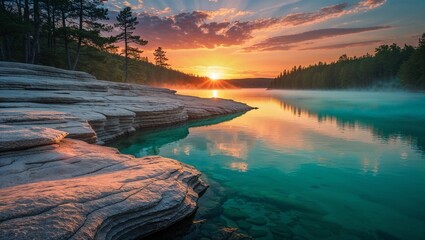 Lake sunrise landscape with rocks and fog