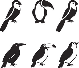 Fototapeta premium A collection of black and white bird illustrations featuring various species including toucans penguins and stylized birds perfect for educational and design use.