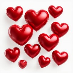 Red shiny floating hearts symbolizing love and romance on white background