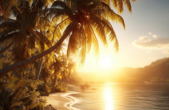 A tropical palm tree set against a vibrant sunset sky with a colorful bokeh effect and abstract cloud background
