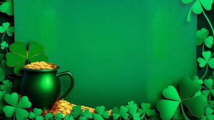 Pot of gold emerging among shamrocks with growing greenery surrounding