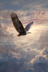 Obraz premium Majestic Eagle Soars Through Clouds With American Flag in the Background During a Serene Sunset