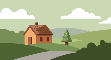 Fototapeta premium Charming Countryside Cottage Illustration Peaceful Rural Home in Rolling Hills