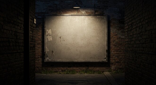 A dimly lit alleyway with a weathered bulletin board illuminated by a spotlight. - Powered by Adobe
