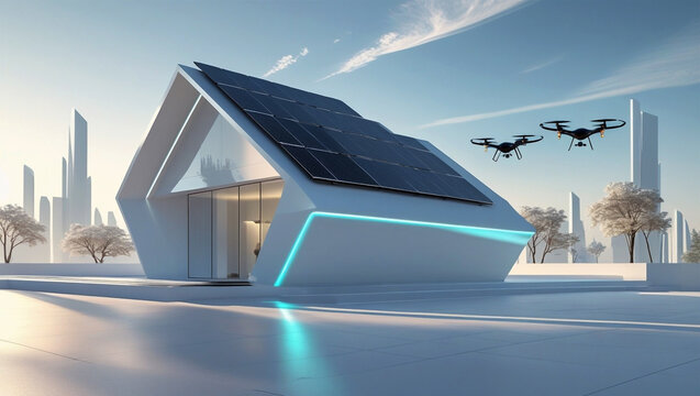 Futuristic house with solar panels and flying drones