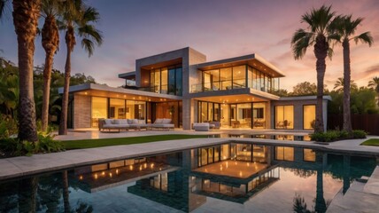 Obraz premium Luxury Modern Villa with Stunning Sunset Views and Infinity Pool
