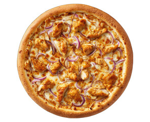Round pizza with chicken and red onion