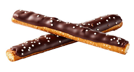 Two chocolate-covered pretzel rods, crossed, with white sprinkles