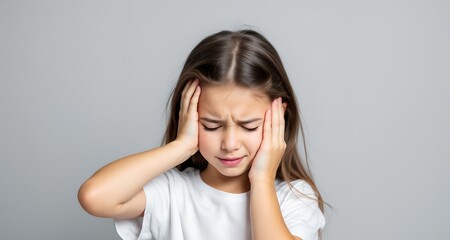 Young girl with long brown hair holding her head in pain, expressing headache or discomfort