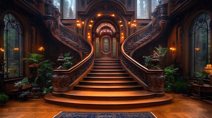 Obraz premium Grand wooden staircase in ornate interior