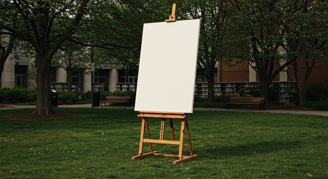 A blank canvas on an easel set outdoors on a grassy area with trees and a building.