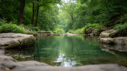 solitary crystalclear puddle nestled in shade of lush forest surrounded by soft green foliage