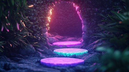 Imagination Pathway of rainbow colored stones leading to a glowing cave entrance.