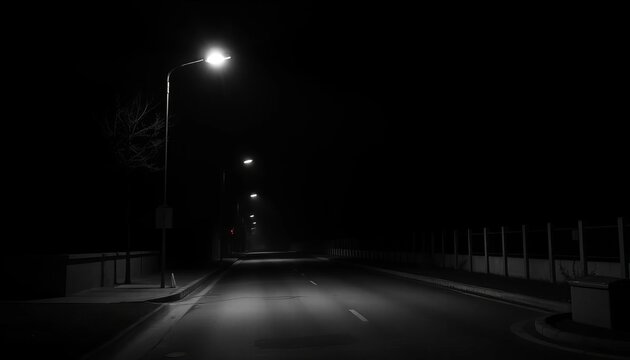 Fototapeta A lone streetlight illuminates a dark, empty street in stark black and white,  art,  minimalism