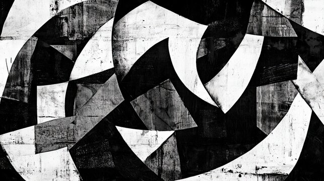 Abstract black and white design with overlapping arrows and textures
