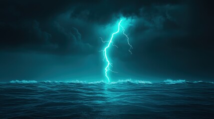 Storm Lightning striking over the ocean at night, illuminating the turbulent waves.