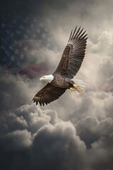 Obraz premium Majestic Eagle Soaring Through Stormy Clouds With American Flag Backdrop.