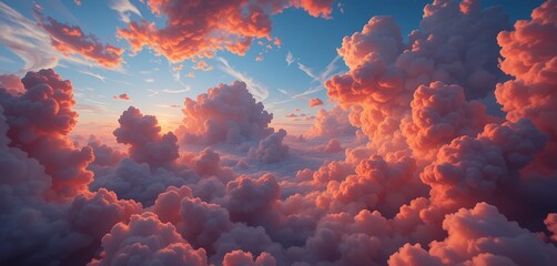 Stunning dramatic sunset sky with towering fluffy pink and orange clouds above the horizon