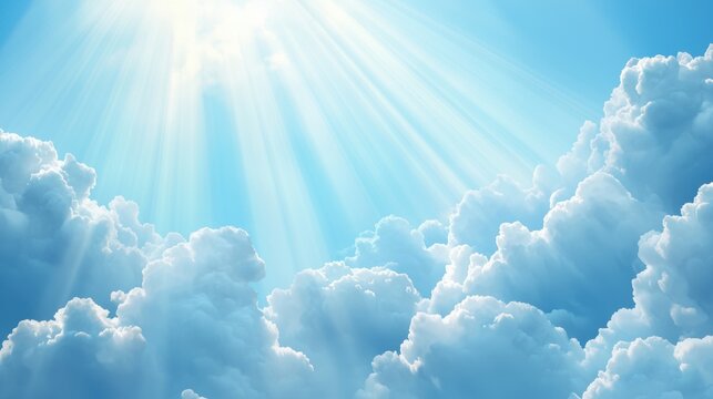 Cloudscape Bright sun rays breaking through scattered clouds after a rainstorm.