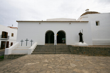 Ibiza, Spain; 1st June 2025: White church in the picturesque Sant Joan Labritja village in the...