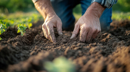 Close-up view of a farmer examining the texture and condition of soil with his hands in a field, assessing its readiness for wheat planting--emphasizing ecological and agricultural practices