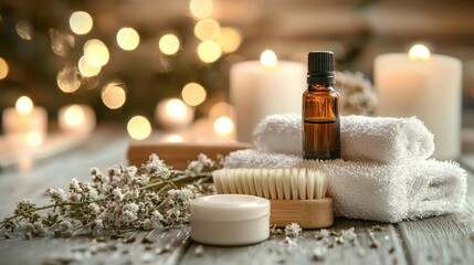 A spa setup featuring a body brush and essential oils