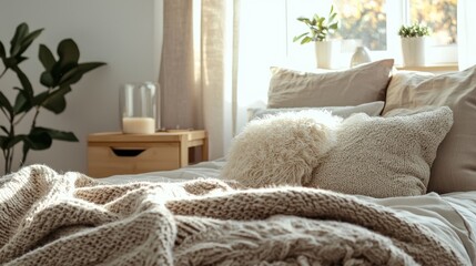 A stylish bedroom with fluffy pillows and warm blankets