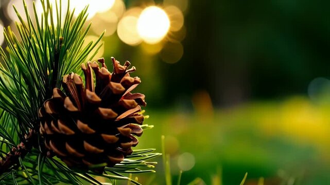 Detailed closeup of a brown pinecone with evergreen needles on a small branch, with bright bokeh lights in the background.