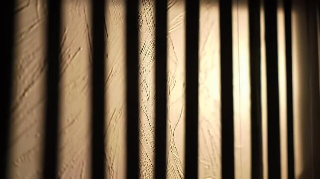 A textured wall is illuminated by vertical shadows, creating a play of light and dark. The rough surface contrasts with the solid dark lines