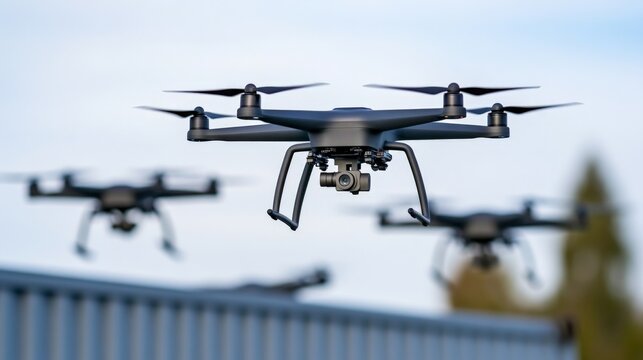 Military combat drones flying out of a cargo container in an outdoor setting