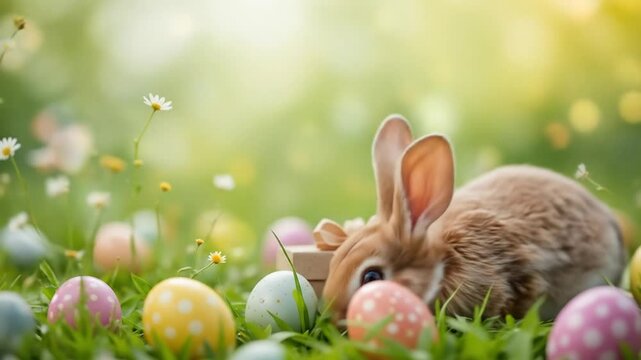 easter bunny rabbit in grass with colored easter eggs gift card background. 4k video 