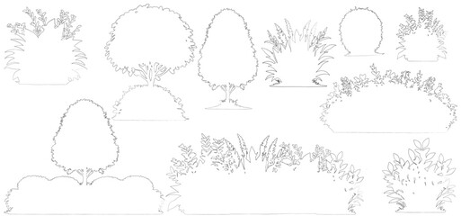 set of garden tree line cad and silhouettes isolated on white background. vector illustration