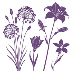 Purple floral silhouettes botanical illustration