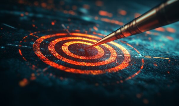 A sharp metallic needle precisely targets the center of a glowing target with meticulous detail, perfectly capturing the essence of precision and focused intention.