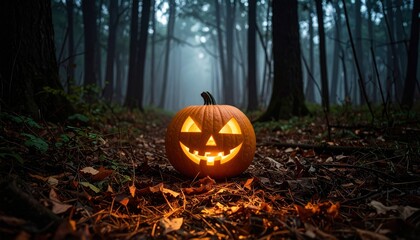 Glowing pumpkin in a spooky forest
