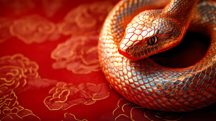 Fototapeta premium Bright orange snake coiled elegantly amidst vibrant surroundings showcasing intricate scale patterns and striking features