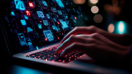 Hands typing on a laptop with digital interface at night showcasing data flow and communication symbols