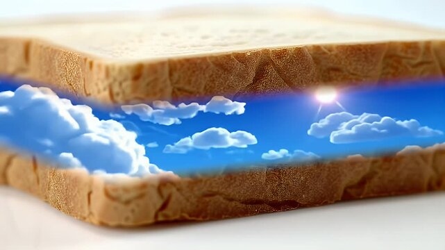 A whimsical image presents a slice of bread with a fluffy cloudscape nestled between the top and bottom slices, creating a surreal scene