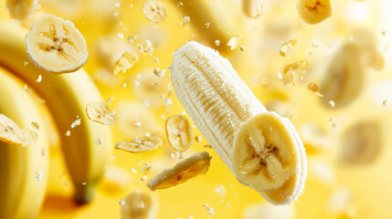 Slices of banana float against a bright yellow background in vibrant culinary display
