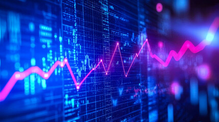 Visual representation of stock market trends with colorful graphs and data points on a digital display screen