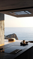 Stunning coastal view from a modern kitchen overlooking the serene ocean at sunset in a tranquil setting
